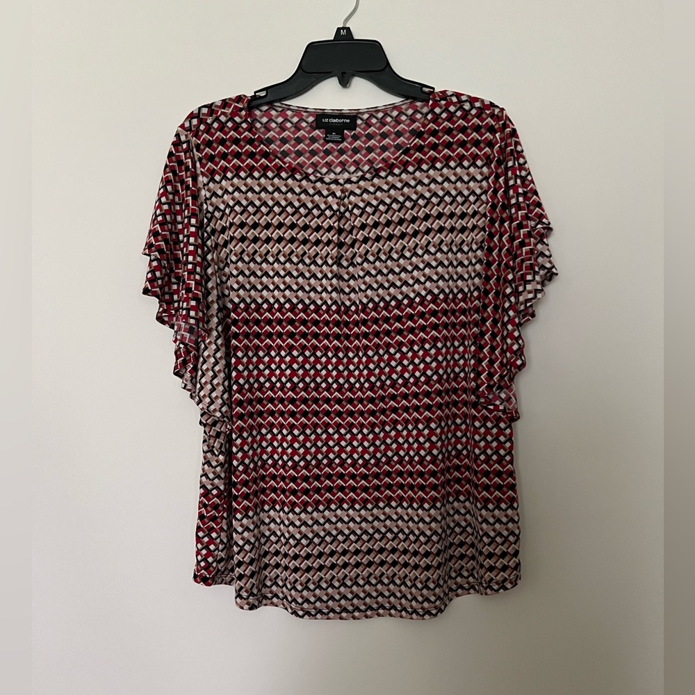 Liz Claiborne women’s top short flared sleeves multicolored geometric pattern XL